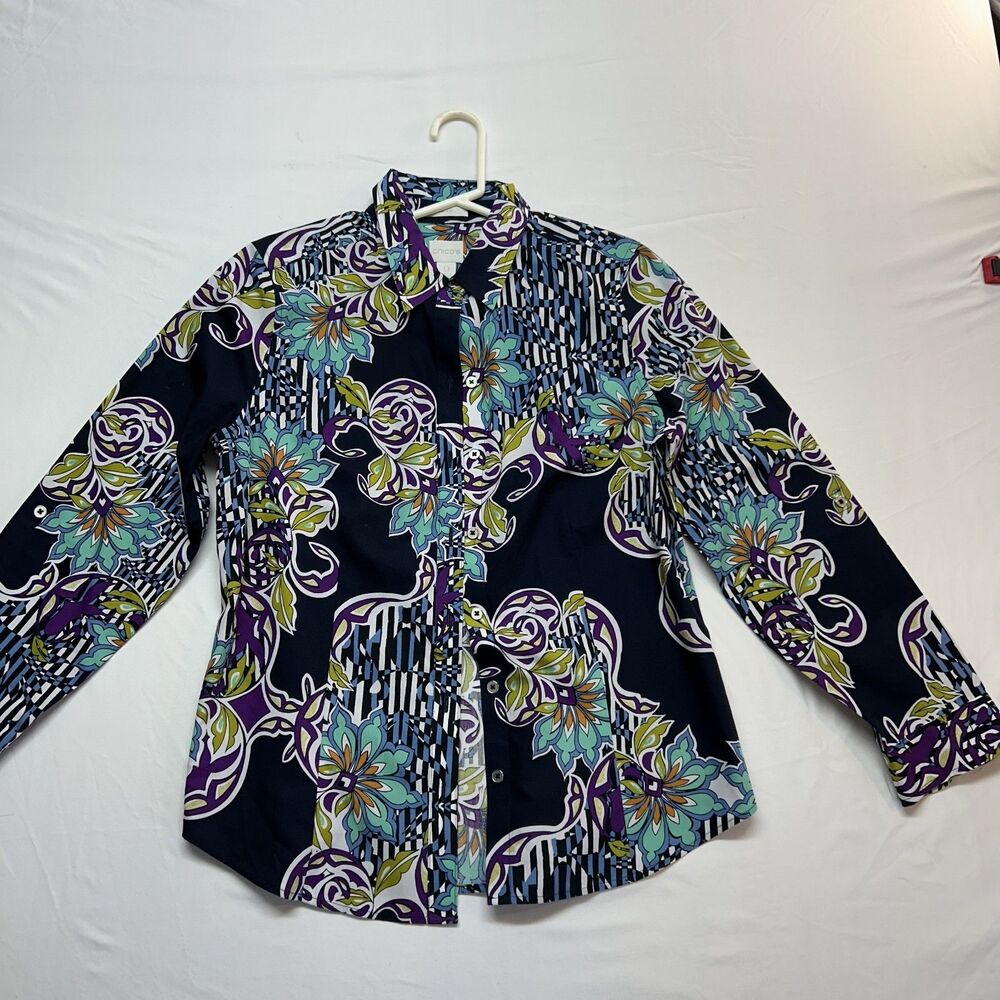 Chico's Non Iron Button Floral Geometric Blouse Black Blue Roll Tab Cotton Sz 0